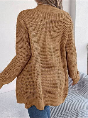 Caramel textured knit open-front cocoon cardigan with long sleeves and ribbed hem.