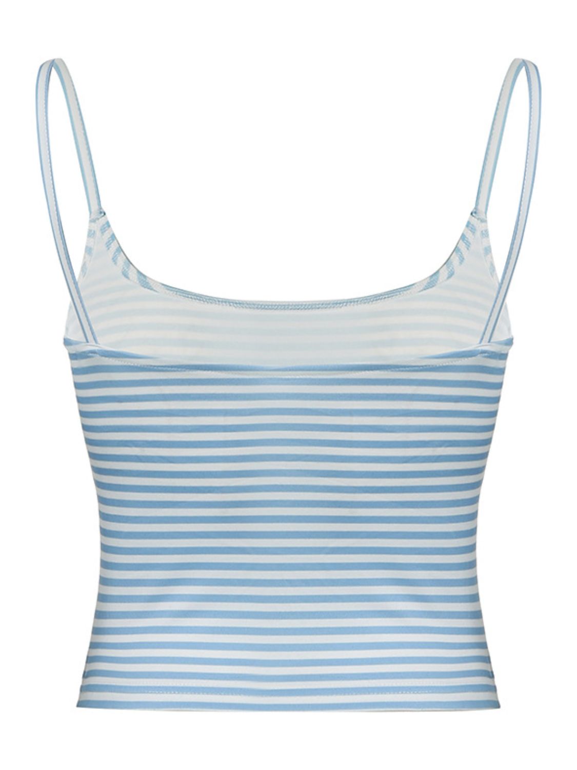 Light blue and white striped ribbed scoop tank top with thin straps.