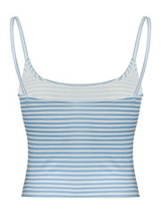 Light blue and white striped ribbed scoop tank top with thin straps.