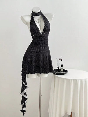 Polka Dot Cutout Front Halter Mini Dress, close-up detail