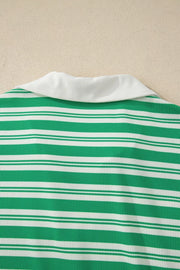 Green and white striped midi dress with collared V-neck and pockets