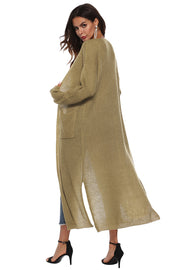Longline knit cardigan in Olive Brown with pockets and side slits.