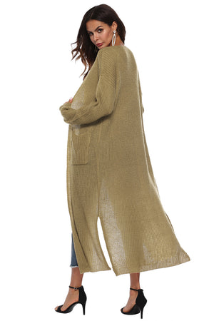 Longline knit cardigan in Olive Brown with pockets and side slits.