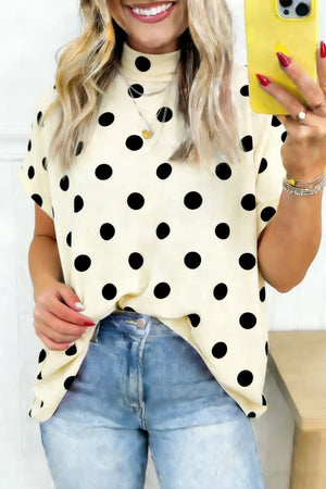 Chic polka dot high neck t-shirt in cream polyester with short sleeves.