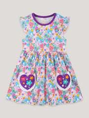Baby girls' purple cotton dress with heart and butterfly print, flutter sleeves, and heart pockets.
