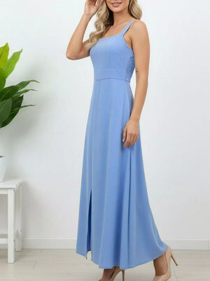 Blue maxi dress with wide straps, square neckline, side slit, and lace detail on the side.