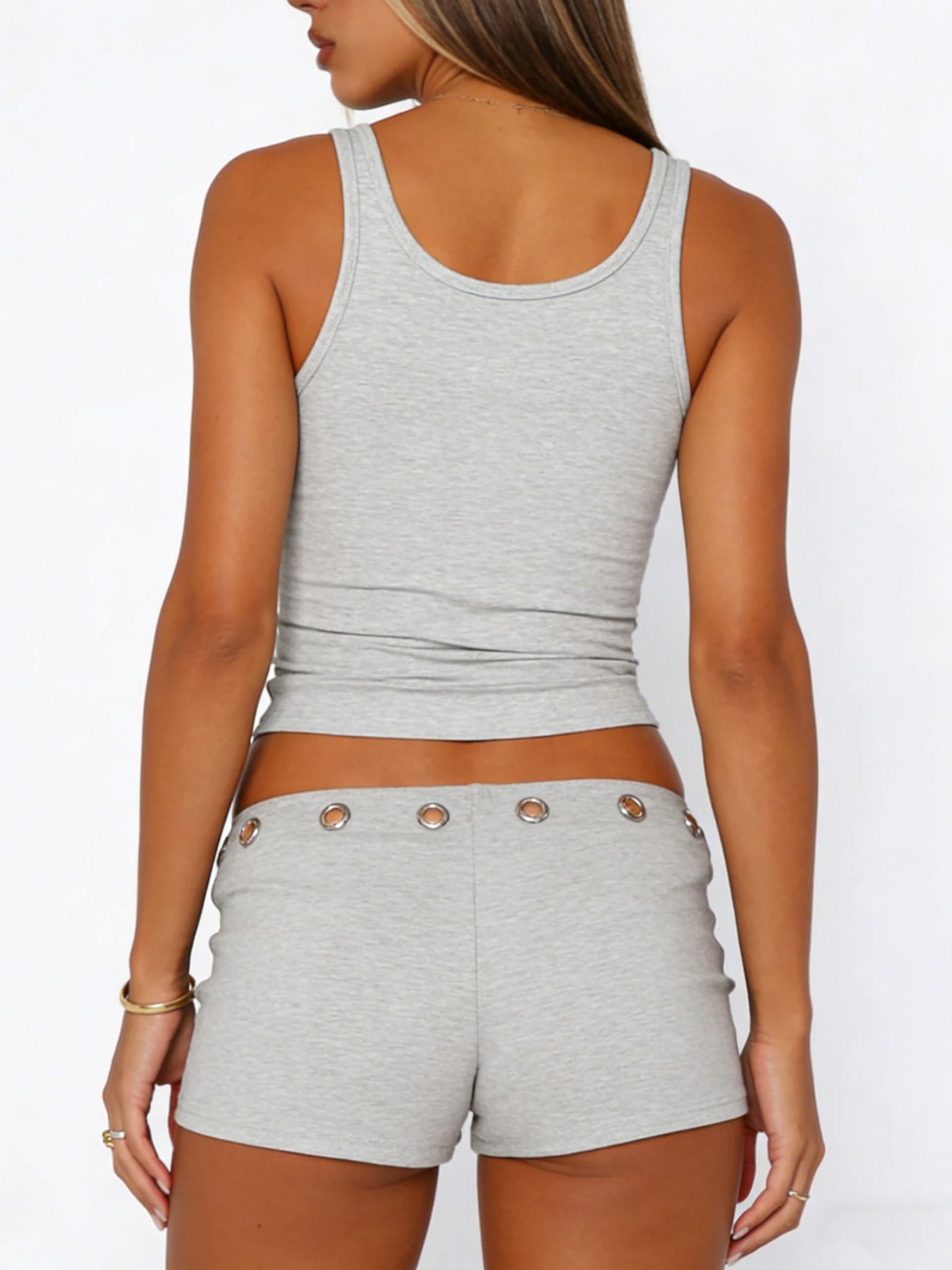 Gray ribbed tank top and shorts set with eyelet detail on shorts