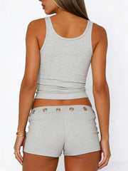 Gray ribbed tank top and shorts set with eyelet detail on shorts