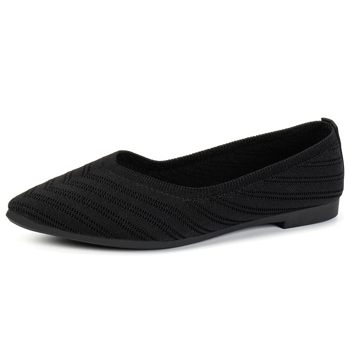 Black knitted pointed-toe ballet flats with a chevron pattern.