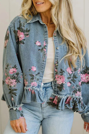 Floral Print Denim Jacket With Ruffled Hem, front view