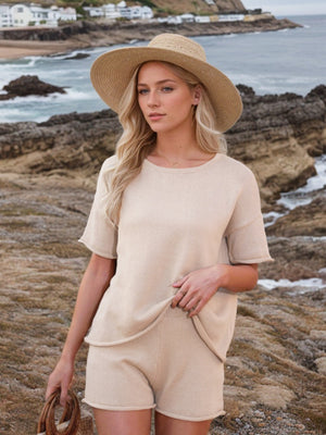 Eggshell textured knit co-ord set with relaxed fit t-shirt and shorts.