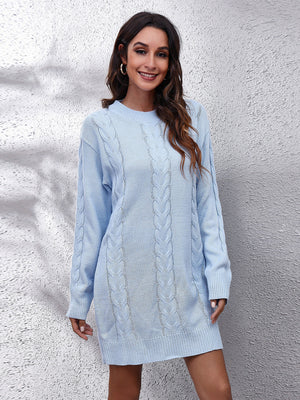Misty Blue cable knit sweater dress with crew neck and long sleeves.