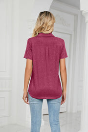 Deep Rose V-neck polo shirt with short sleeves and a subtle back pleat detail.