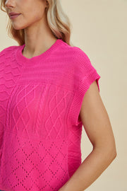 Hot Pink knit patchwork top with cable and diamond stitch details