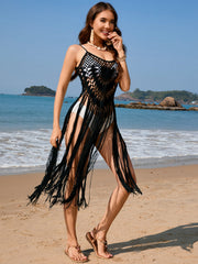Black crochet fringe swim cover-up with spaghetti straps and a V-neckline.