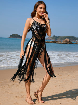 Black crochet fringe swim cover-up with spaghetti straps and a V-neckline.