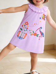 Lavender cotton dress with bird, butterfly, and floral print, ruffle collar