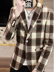 Plus size plaid blazer in brown and cream with button detail.