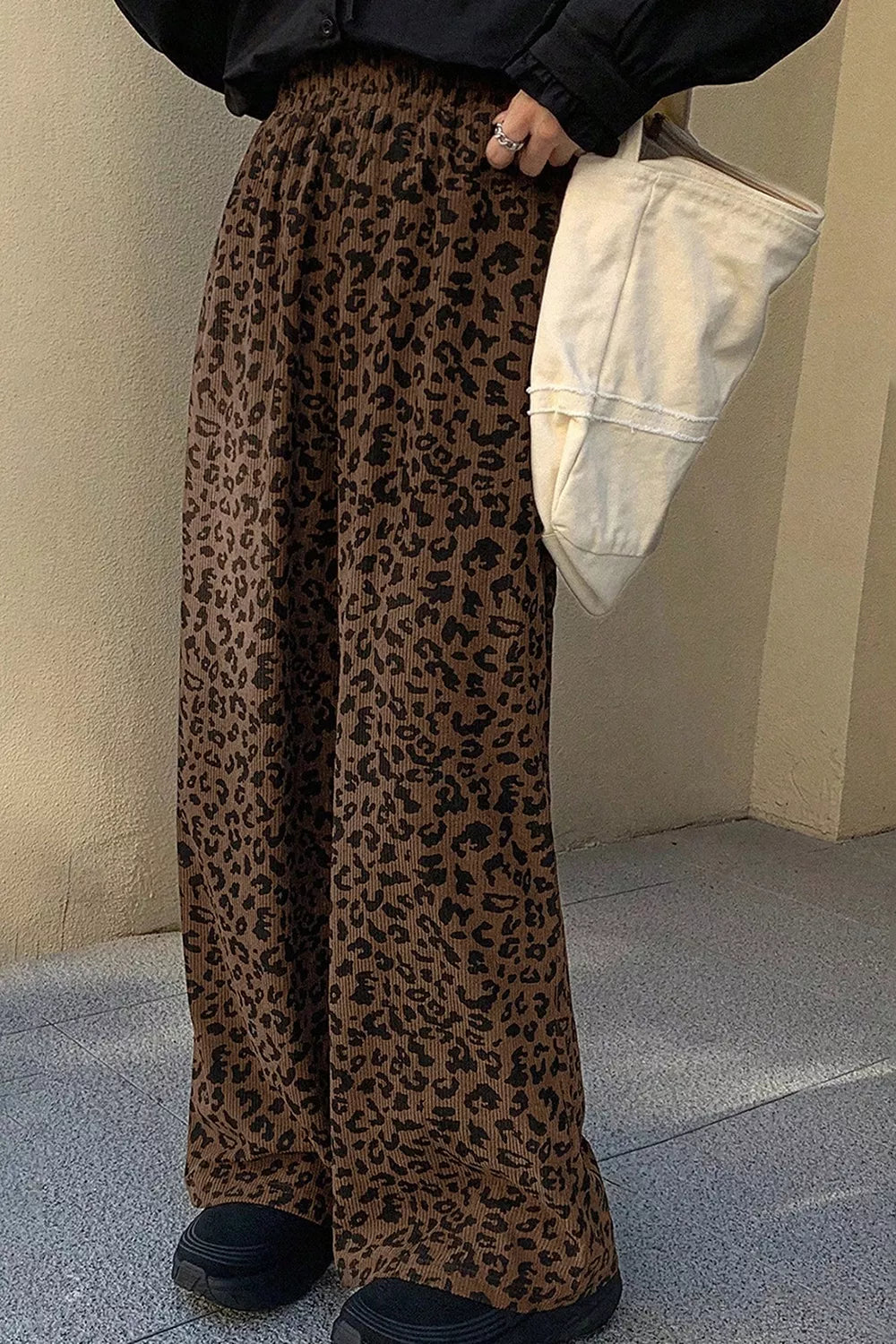 Leopard Print Elastic High Waist Corduroy Pants in Coffee Brown, model styling view