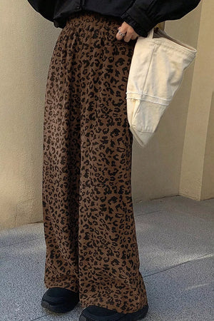 Leopard Print Elastic High Waist Corduroy Pants in Coffee Brown, model styling view