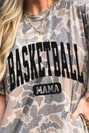 Camo print maternity t-shirt with crew neck and "Basketball Mama" graphic.