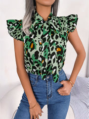 Green leopard print blouse with ruffled sleeves and pussybow tie neckline