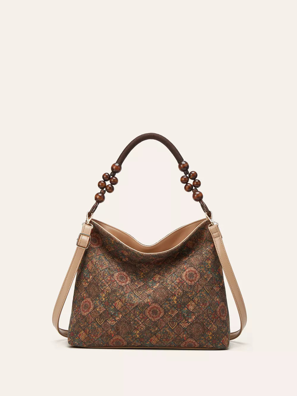 Brown bohemian hobo tote with geometric pattern and beaded handle