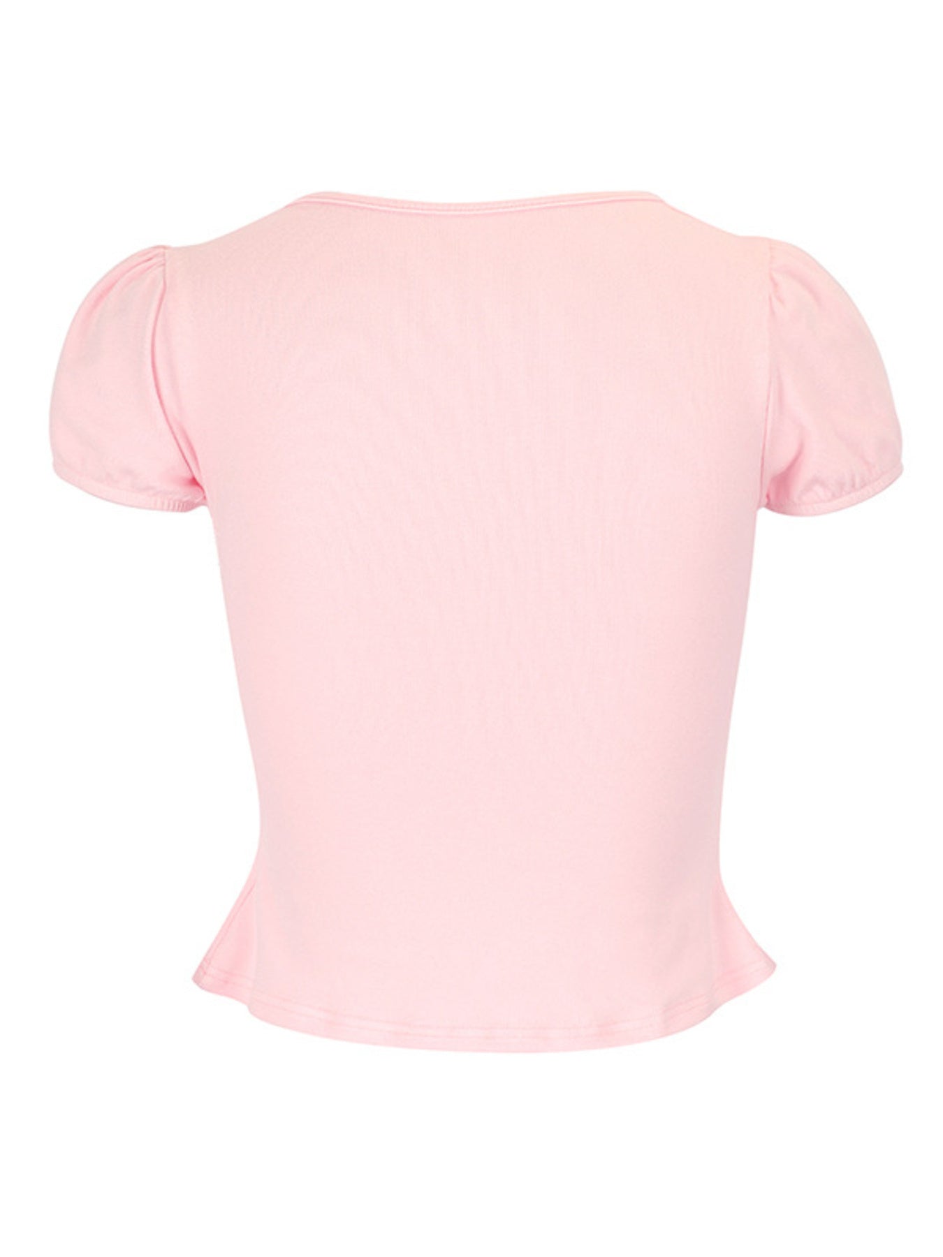 Pink polyester tie-front t-shirt with short puff sleeves and a peplum hem.