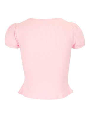 Pink polyester tie-front t-shirt with short puff sleeves and a peplum hem.
