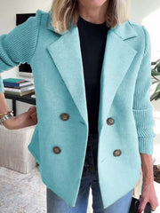 Pastel blue double-breasted coat with knit sleeves and brown buttons