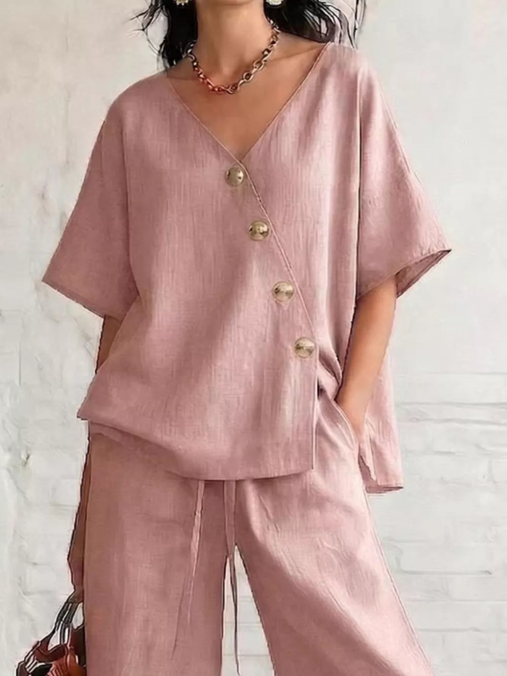 Full Size Surplice Half Sleeve Top And Wide-leg Pants Set, fit detail