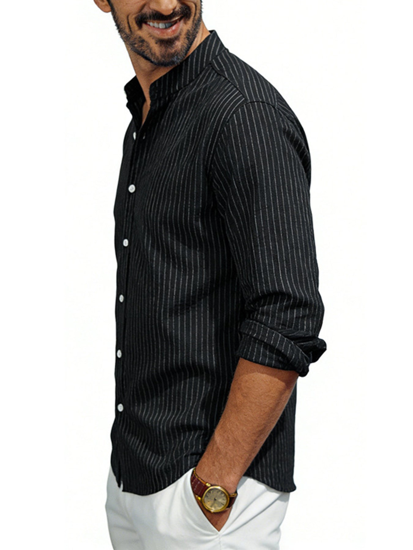 Men's black striped long sleeve buttoned shirt with rolled cuffs