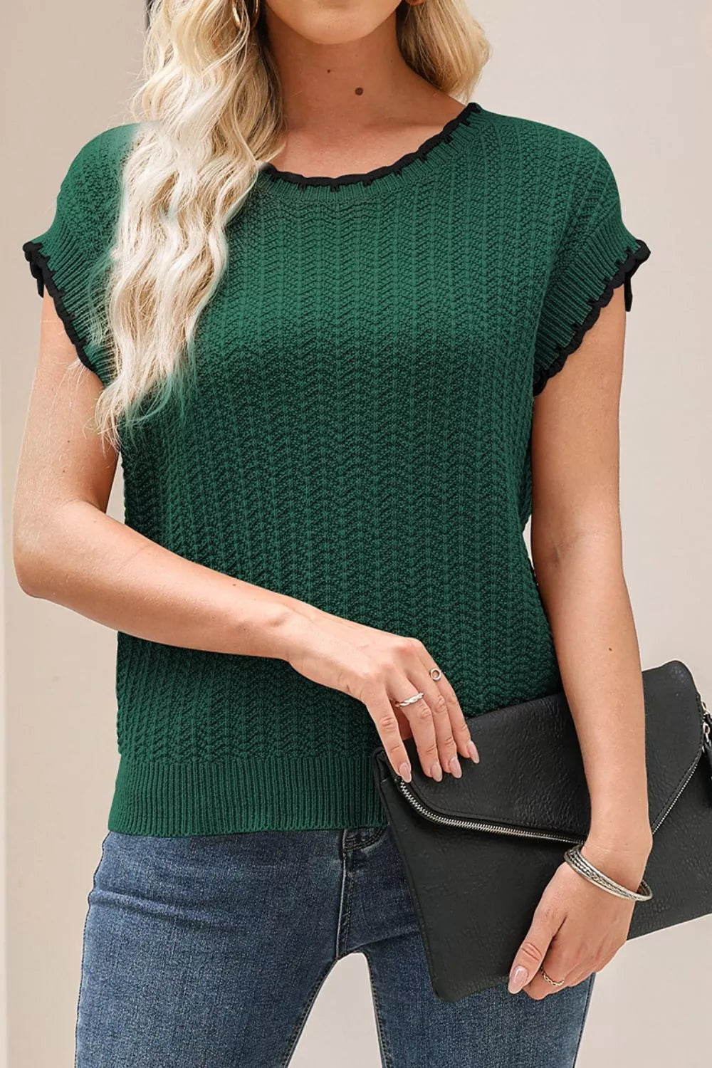 Textured Knit Sleeveless Sweater Vest in Dark Green, front view
