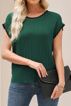 Textured Knit Sleeveless Sweater Vest in Dark Green, front view