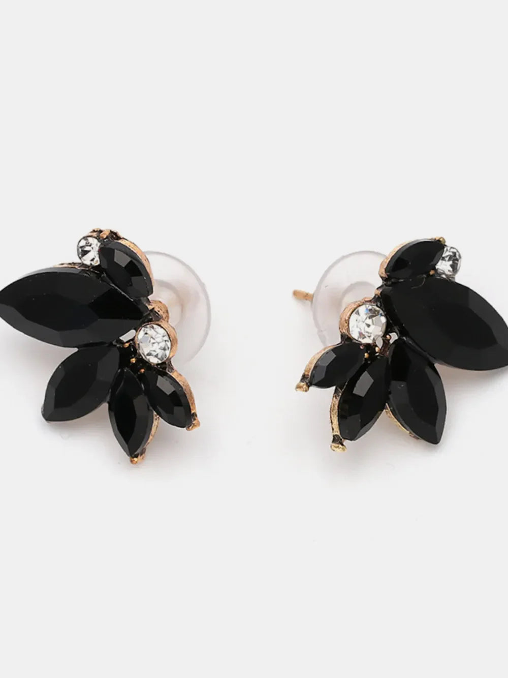 Black gemstone petal cluster stud earrings with antique gold alloy setting.