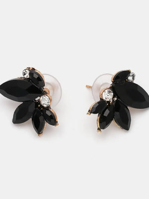 Black gemstone petal cluster stud earrings with antique gold alloy setting.