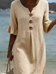 Button Decor Ruffle Sleeve Midi Dress Plus Size, fit detail