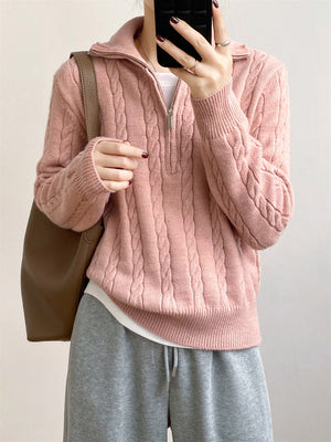 Dusty Pink cable knit quarter-zip pullover sweater with a zipper detail.
