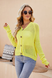 Banana Yellow knit button-up cardigan with raglan sleeves and a V-neck.