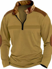 Khaki quarter-zip pullover with contrast elbow patches and collar, and horizontal chest stripes.
