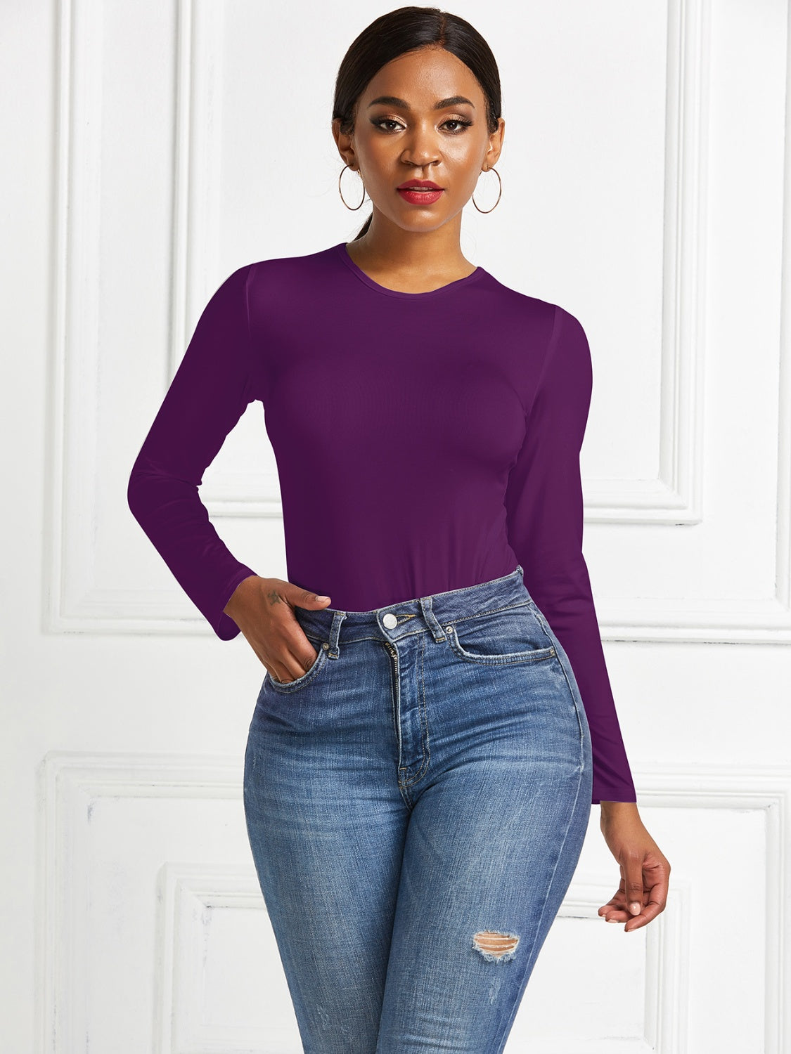 Deep Purple long sleeve ribbed jersey bodysuit with crew neck