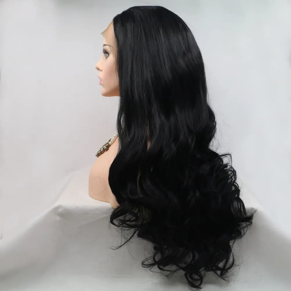 Black lace front wig with long, wavy hair styled on a mannequin head.
