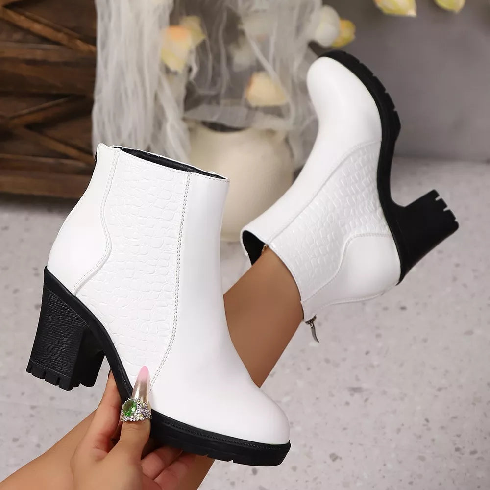 White crocodile-embossed block heel ankle boots with pointed toe