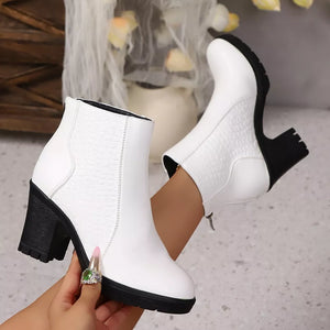 White crocodile-embossed block heel ankle boots with pointed toe