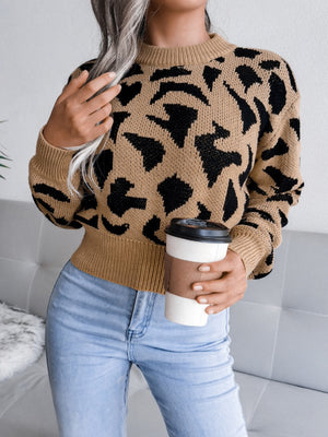 Camel abstract knit cropped sweater with black pattern, crew neck, long sleeves.