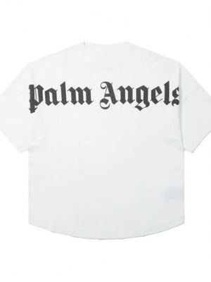White oversized tee with black gothic Palm Angels back print