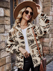 Aztec sherpa zip-up jacket in tan with a geometric pattern, featuring a stand-up collar.