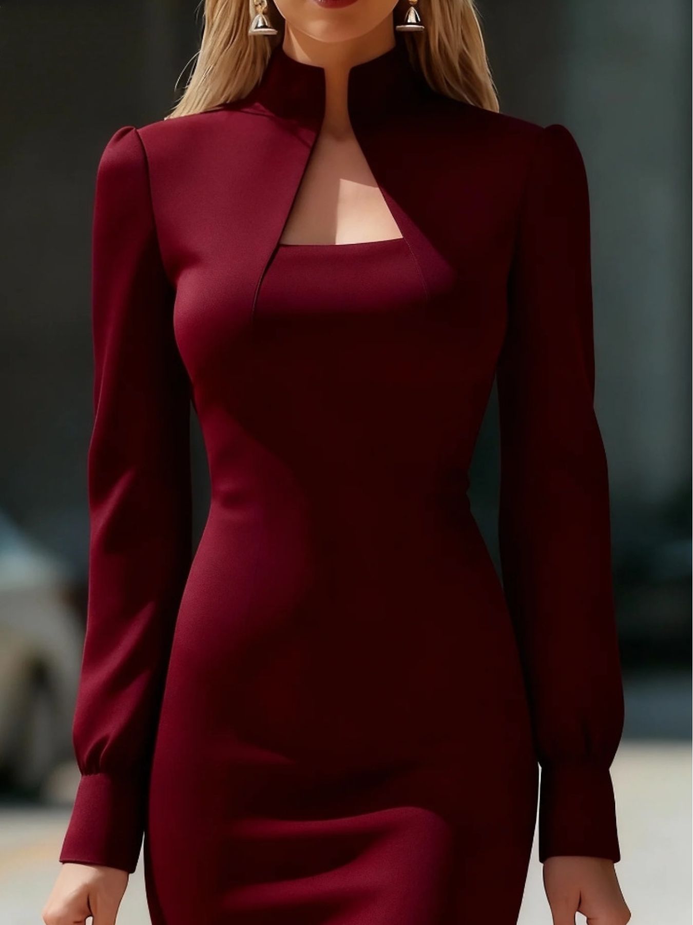 Burgundy long-sleeve bodycon dress with high neck and square neckline detail