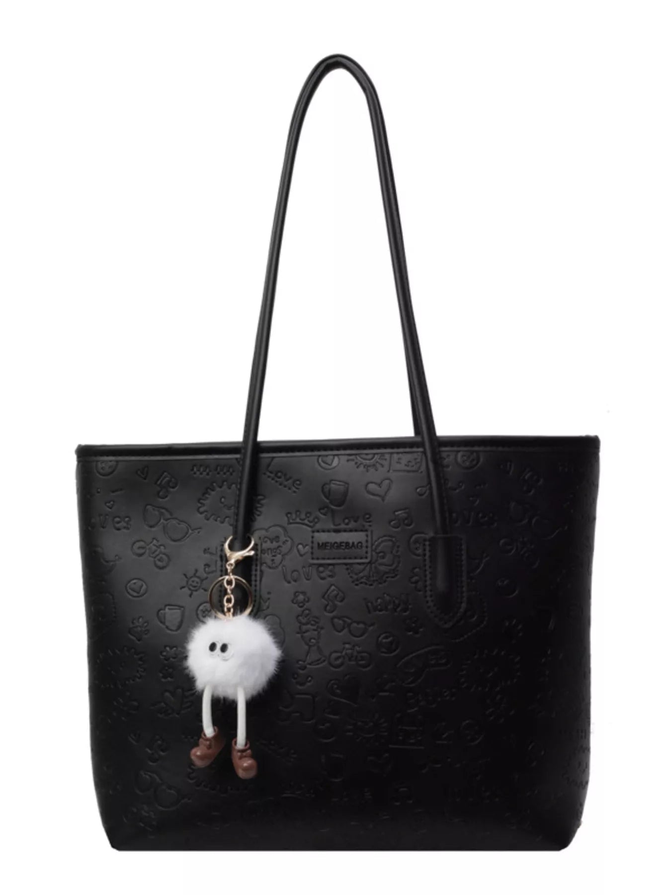 Black embossed PU leather tote bag with a cute fuzzy charm and playful all-over print.