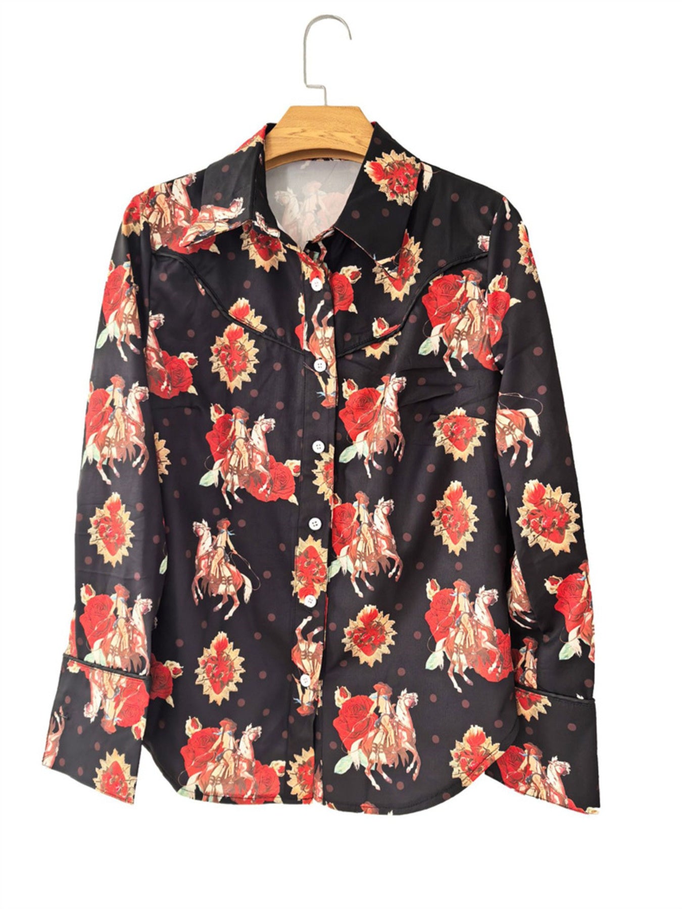 Black long sleeve maternity shirt with rodeo and floral print, button-down style.